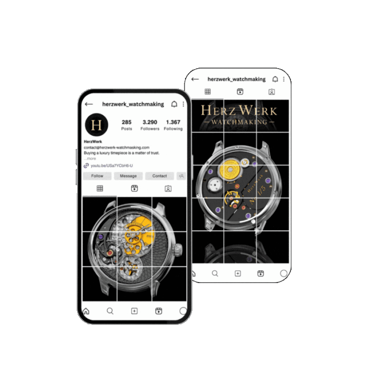 Herzwerk Instagram Beiträge einer Uhr Vorder- und Rückseite by Immagine Werbeagentur / Webagentur München