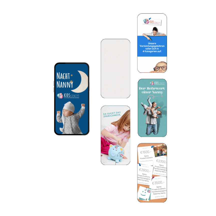 Instagram Story Ensemble zum Thema Nannykosten und Vermittlungsgebühren für Kids Concept by Immagine Werbeagentur / Webagentur München