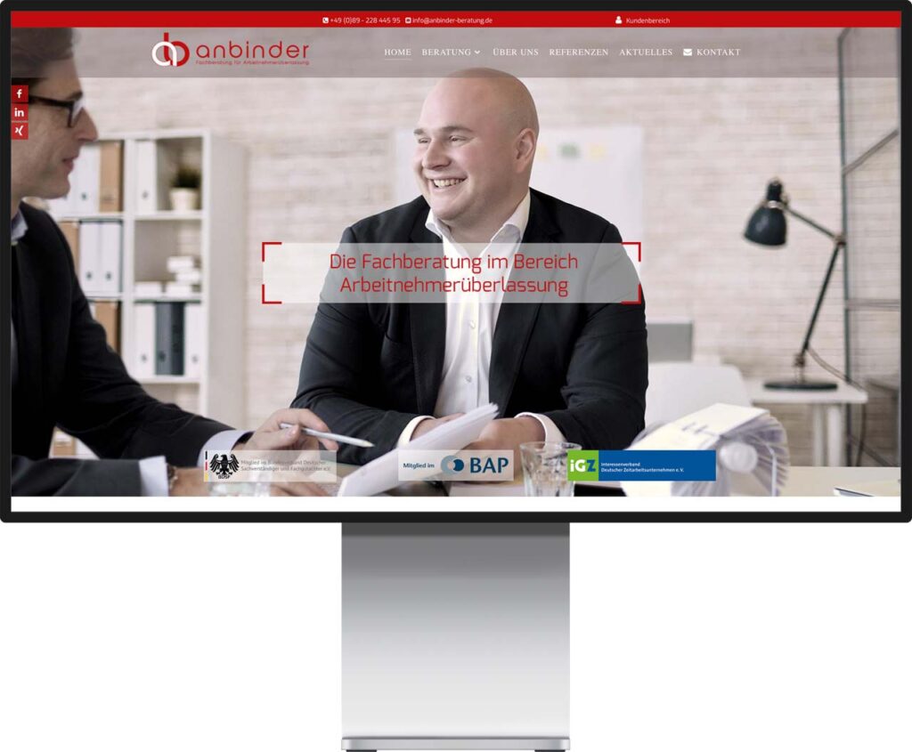 Monitor Mockup der Webseite von anbinder Beratungs GmbH by Immagine Werbeagentur und Webagentur München