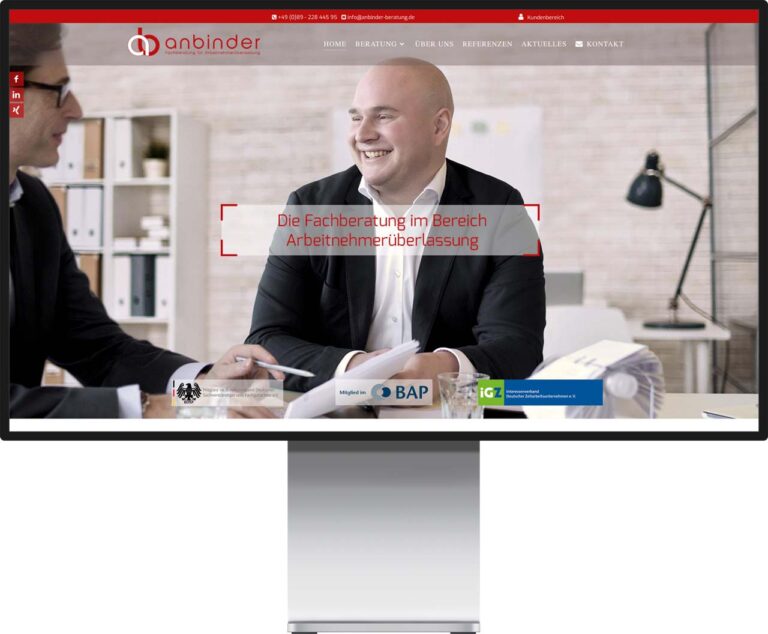 Monitor Mockup der Webseite von anbinder Beratungs GmbH by Immagine Werbeagentur und Webagentur München