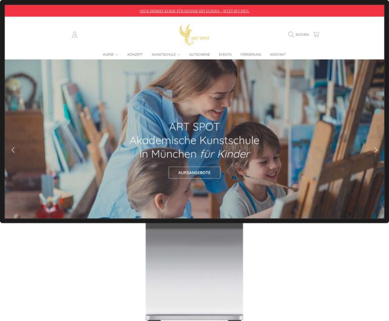 Monitor Mockup der Webseite von Kunstschule Art Spot by Immagine Werbeagentur und Webagentur München
