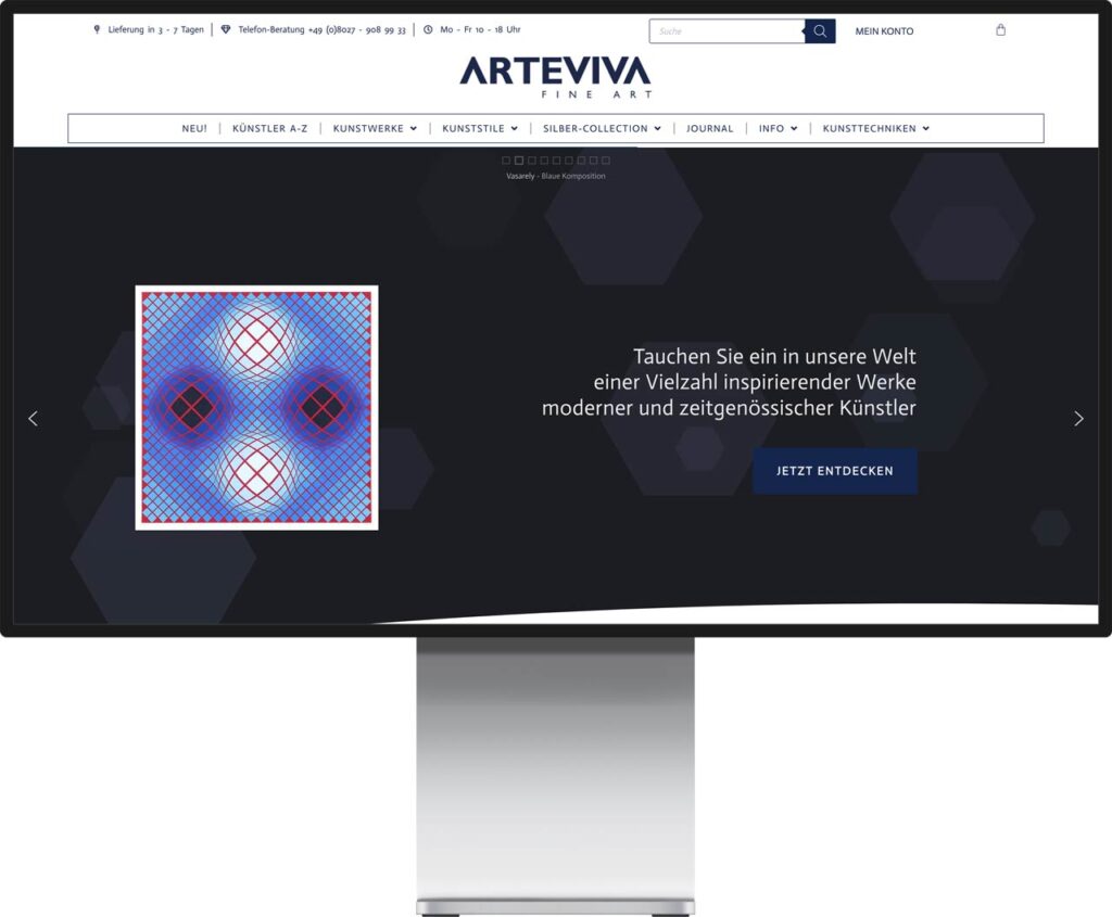 Monitor Mockup des Arteviva Kunsthandel Onlineshops by Immagine Werbeagentur und Webagentur München