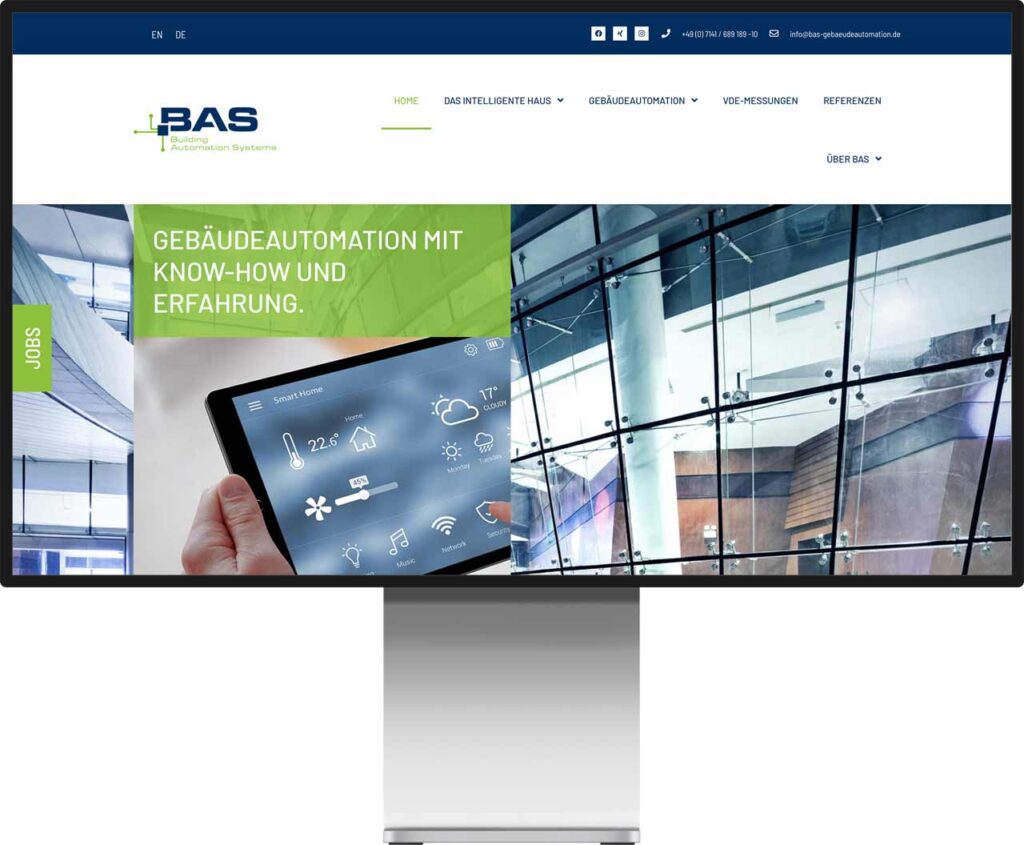 Monitor Mockup der Webseite BAS Gebäudeautomation by Immagine Werbeagentur und Webagentur München
