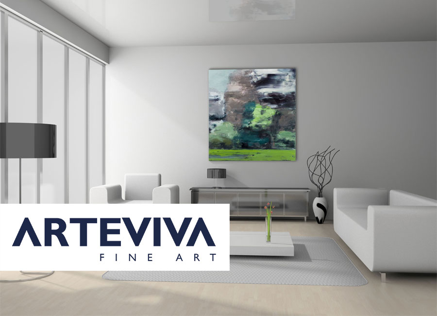 heller Raum mit buntem Bild und weißer Couch. Links unten steht "Arteviva" by Immagine Werbeagentur München