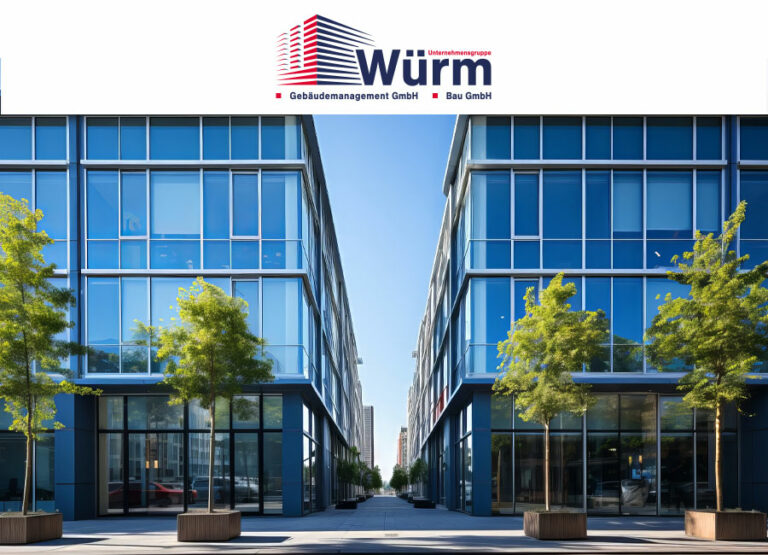 Zwei Glasgebäude wovor Bäume stehen und oben in der Mitte das Logo Würm Gebäudemanagment by Immagine Werbeagentur München