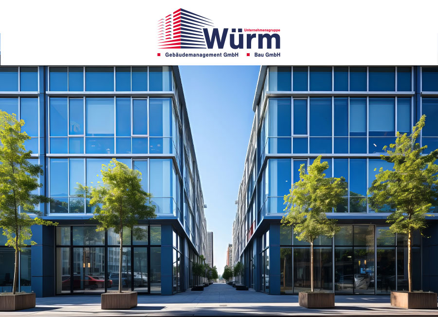 Zwei Glasgebäude wovor Bäume stehen und oben in der Mitte das Logo Würm Gebäudemanagment by Immagine Werbeagentur München
