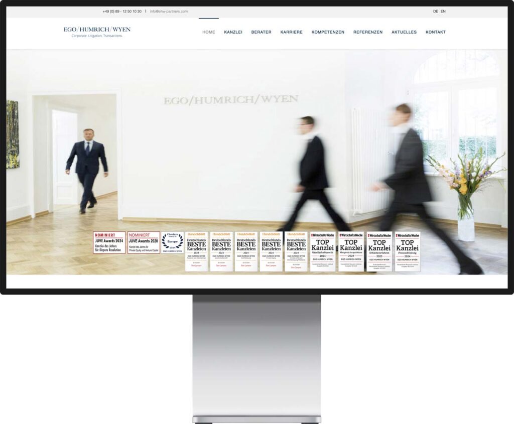 Monitor Mockup der Webseite von Ego Humrich Wyen Partnerschaft von Rechtsanwälten by Immagine Werbeagentur und Webagentur München