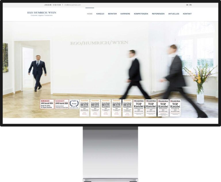 Monitor Mockup der Webseite von Ego Humrich Wyen Partnerschaft von Rechtsanwälten by Immagine Werbeagentur und Webagentur München