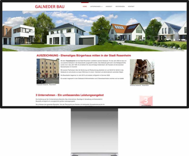 Monitor Mockup der Webseite von Galneder Bau GmbH by Immagine Werbeagentur und Webagentur München