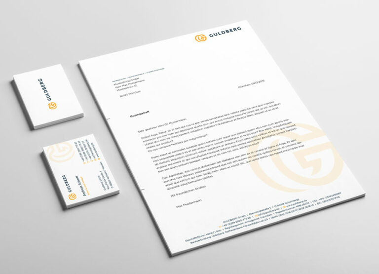Beispiel Visitenkarten und A4 Papier mit Logo von Personalvermittlung Guldberg by Immagine Werbeagentur München