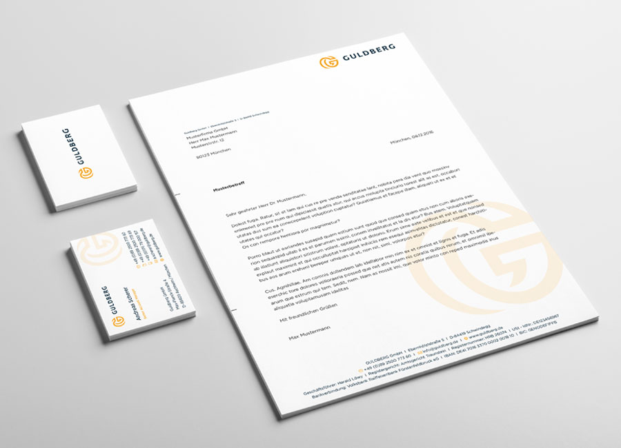 Beispiel Visitenkarten und A4 Papier mit Logo von Personalvermittlung Guldberg by Immagine Werbeagentur München