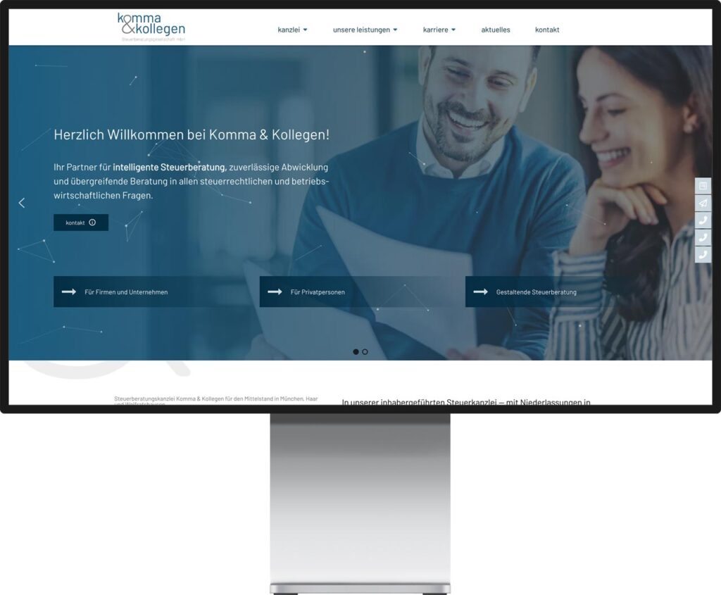 Mockup Monitor und Darstellung der Webseite von Komma und Kollegen Steuerberatung by Immagine Werbeagentur und Webagentur München