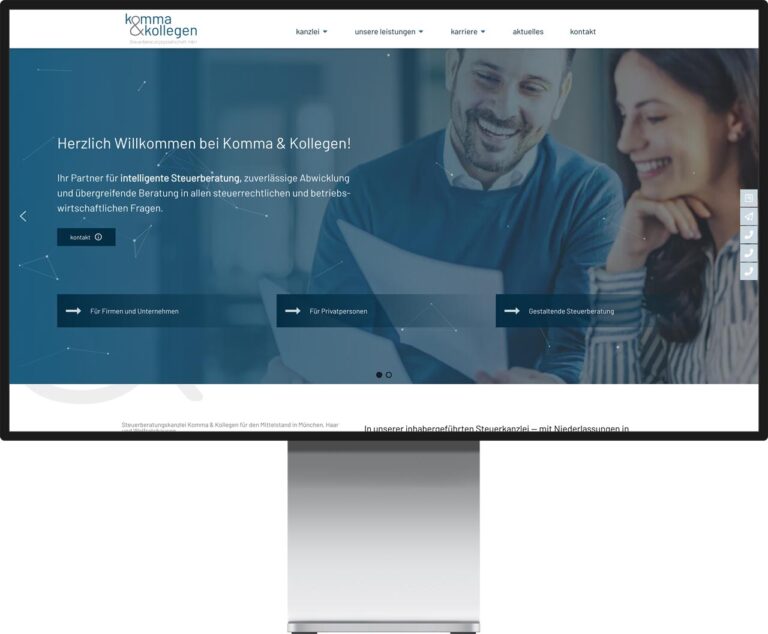 Mockup Monitor und Darstellung der Webseite von Komma und Kollegen Steuerberatung by Immagine Werbeagentur und Webagentur München