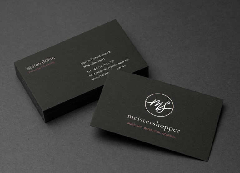 schwarze Visitenkarten mit Logo und Name meisterhopper by Immagine Werbeagentur München