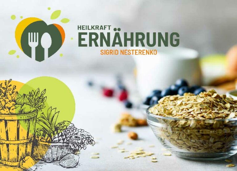 Foto mit Lebensmitteln und passender Illustration, im oberen Teil befindet sich Logo und Schriftzug "Heilkraft Ernährung" by Immagine Werbeagentur München