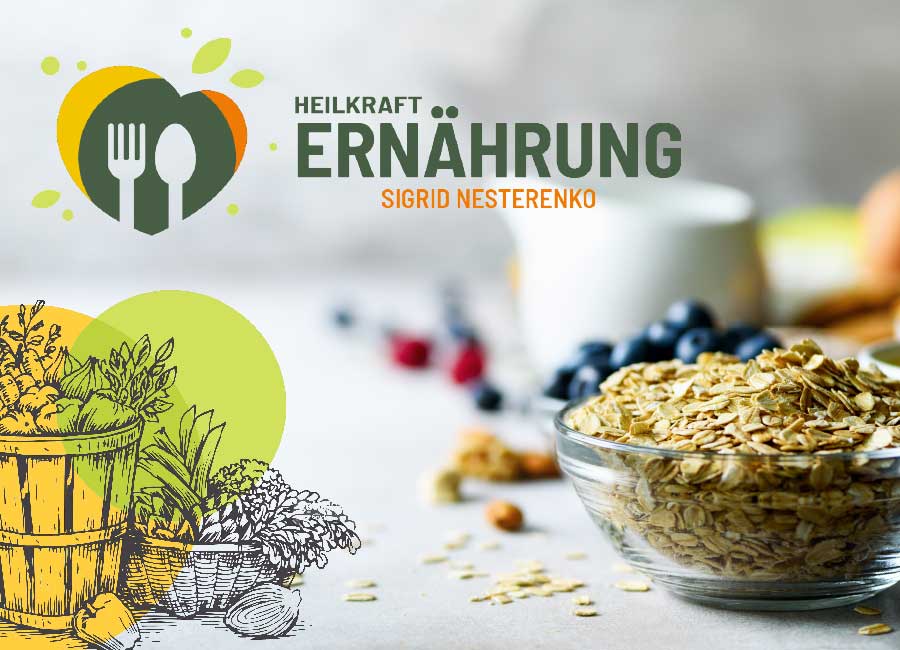 Foto mit Lebensmitteln und passender Illustration, im oberen Teil befindet sich Logo und Schriftzug "Heilkraft Ernährung" by Immagine Werbeagentur München