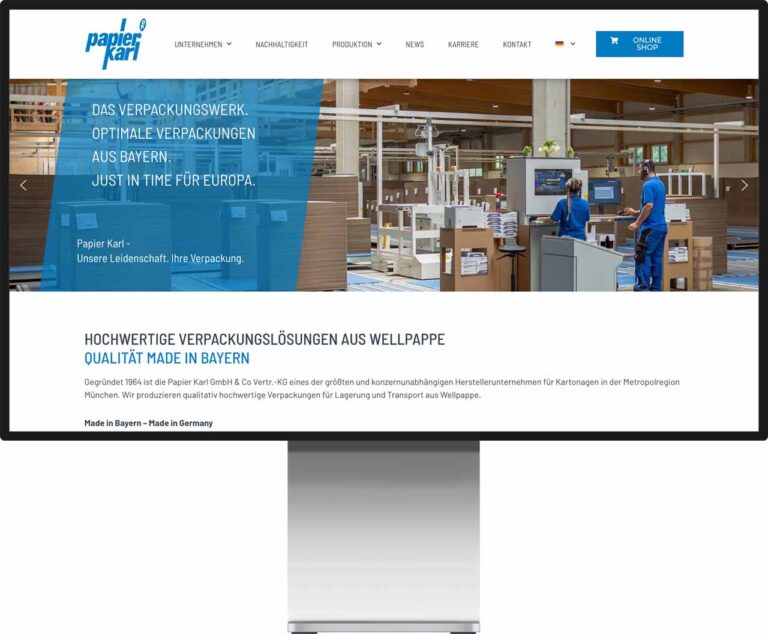 Monitor Mockup der Webseite Papier Karl - Verpackungswerk by Immagine Werbeagentur und Webagentur München
