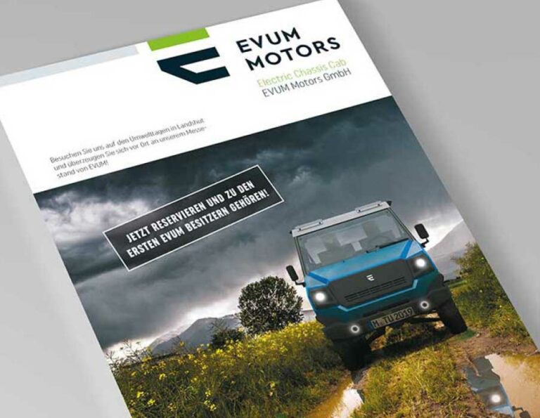 Produktfolder für die EVUM Motors GmbH by Immagine Werbeagentur München