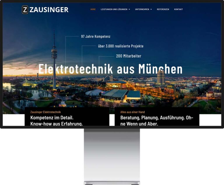 Immagine Werbeagentur Mockup eines Monitors, der die Zausinger Elektrotechnik Webseite zeigt.
